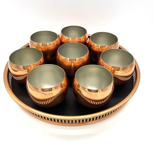 MCM Coppercraft Guild Copper & Black Tray & 8 Roly Poly Cups Mid Century Modern - Picture 1 of 7